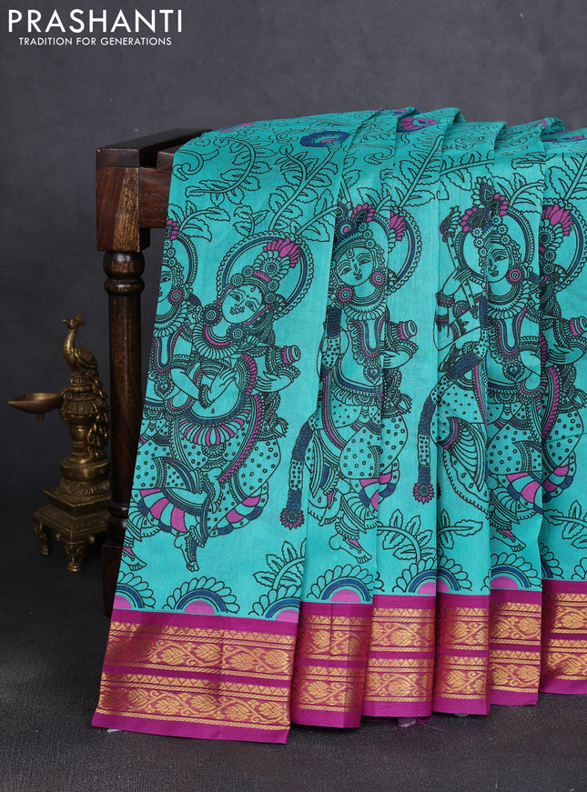 Silk cotton saree teal green and purple with allover kalamkari prints and korvai zari woven border