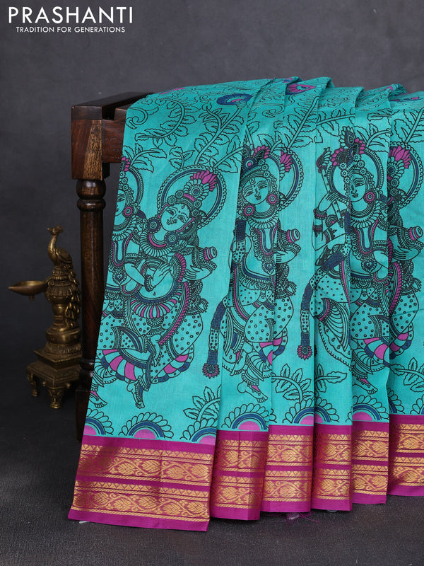 Silk cotton saree teal green and purple with allover kalamkari prints and korvai zari woven border