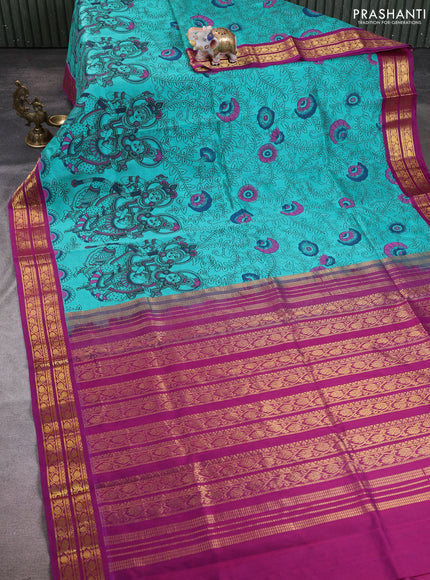 Silk cotton saree teal green and purple with allover kalamkari prints and korvai zari woven border