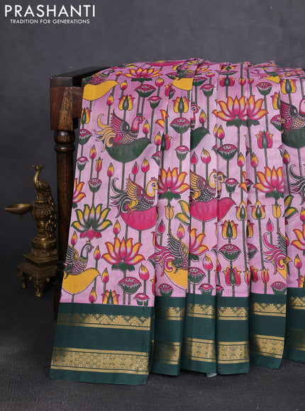 Silk cotton saree lavender and bottle green with allover kalamkari prints and korvai zari woven border