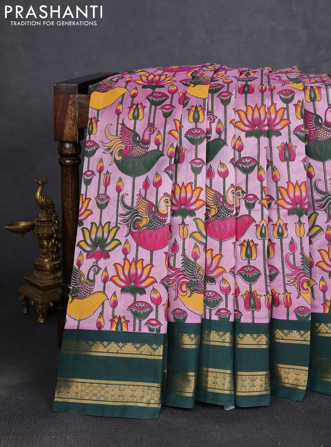 Silk cotton saree lavender and bottle green with allover kalamkari prints and korvai zari woven border