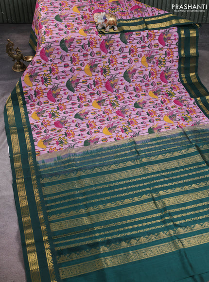 Silk cotton saree lavender and bottle green with allover kalamkari prints and korvai zari woven border