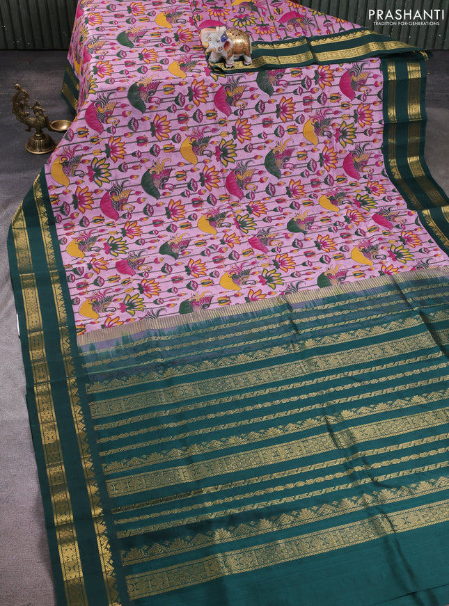 Silk cotton saree lavender and bottle green with allover kalamkari prints and korvai zari woven border
