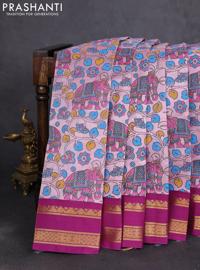 Silk cotton saree baby pink and purple with allover kalamkari prints and korvai zari woven border
