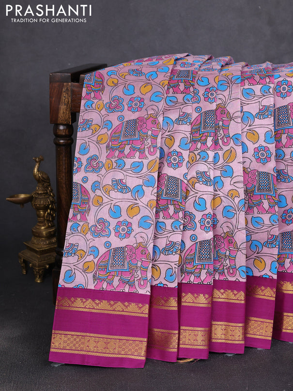 Silk cotton saree baby pink and purple with allover kalamkari prints and korvai zari woven border
