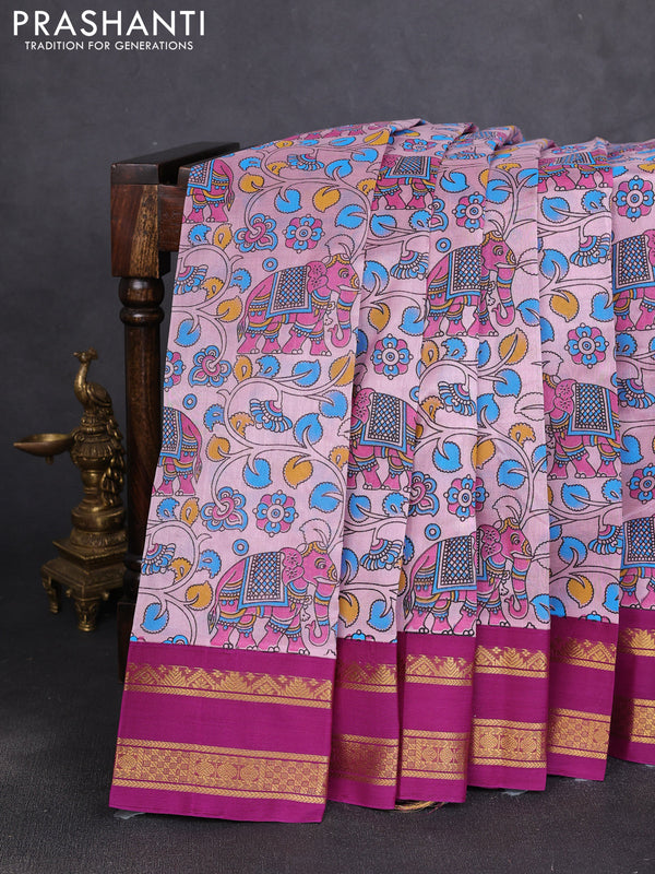 Silk cotton saree baby pink and purple with allover kalamkari prints and korvai zari woven border