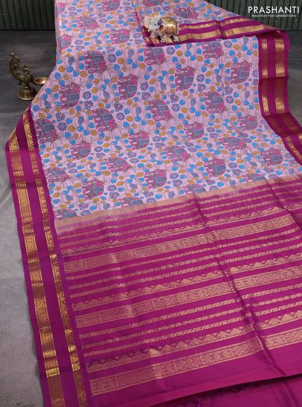 Silk cotton saree baby pink and purple with allover kalamkari prints and korvai zari woven border