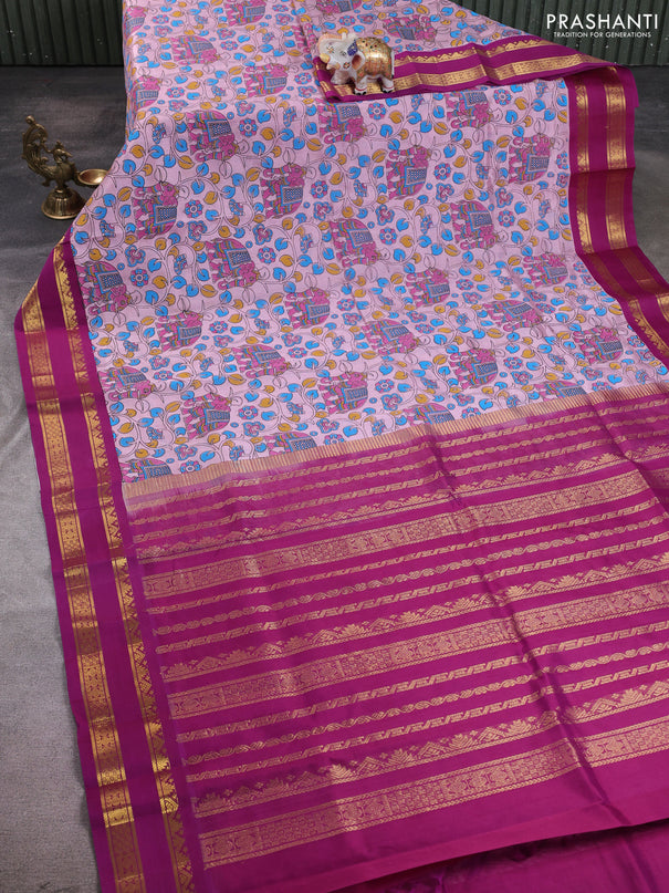 Silk cotton saree baby pink and purple with allover kalamkari prints and korvai zari woven border