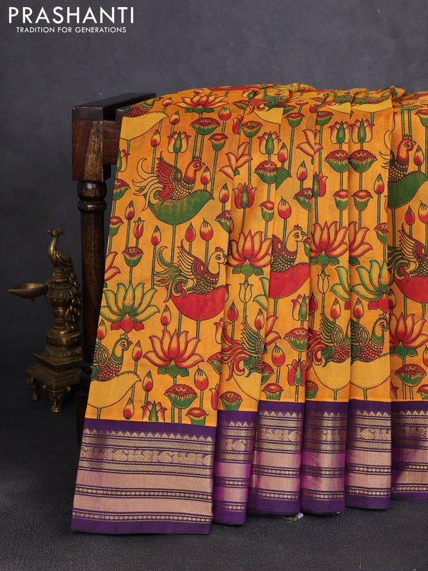 Silk cotton saree mustard yellow and purple with allover kalamkari prints and korvai zari woven border
