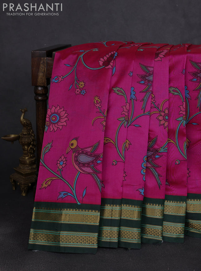 Silk cotton saree dark pink and bottle green with allover kalamkari prints and korvai zari woven border