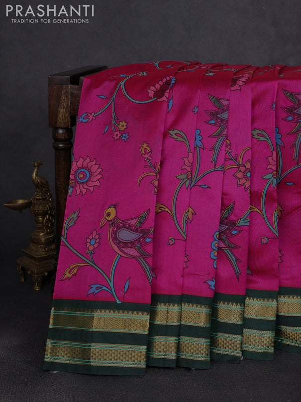 Silk cotton saree dark pink and bottle green with allover kalamkari prints and korvai zari woven border