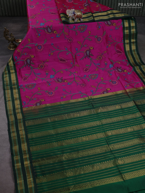 Silk cotton saree dark pink and bottle green with allover kalamkari prints and korvai zari woven border