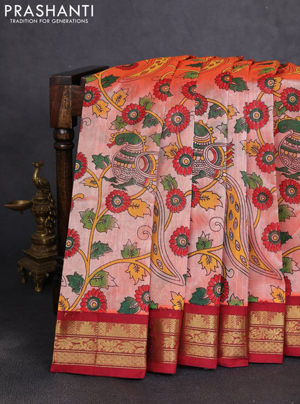Silk cotton saree peach orange and red with allover kalamkari prints and korvai zari woven border