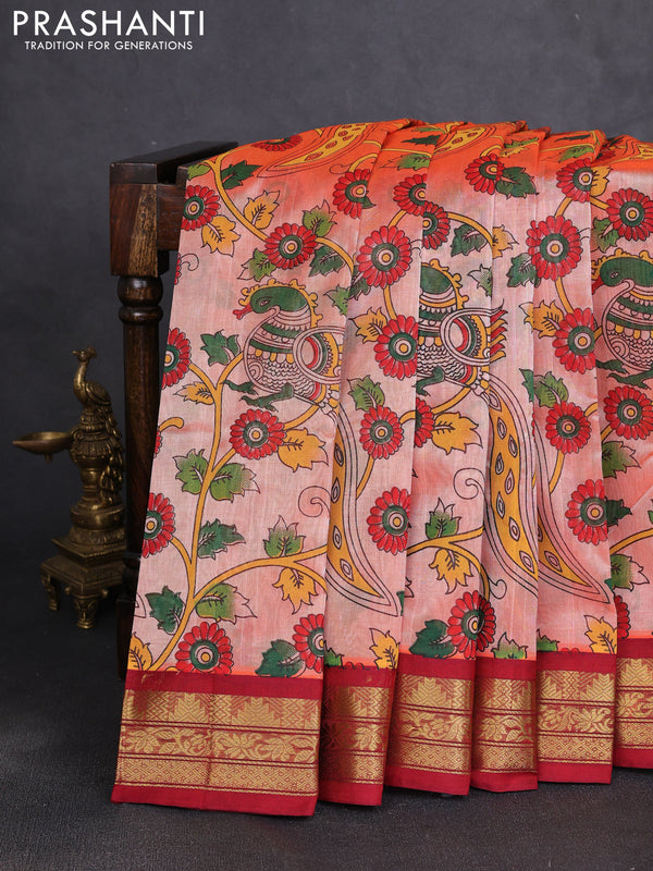 Silk cotton saree peach orange and red with allover kalamkari prints and korvai zari woven border