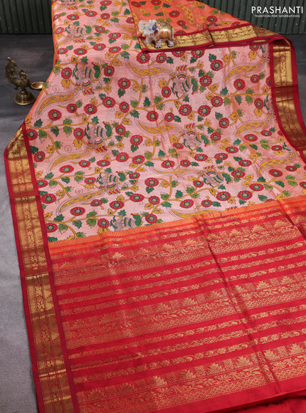 Silk cotton saree peach orange and red with allover kalamkari prints and korvai zari woven border