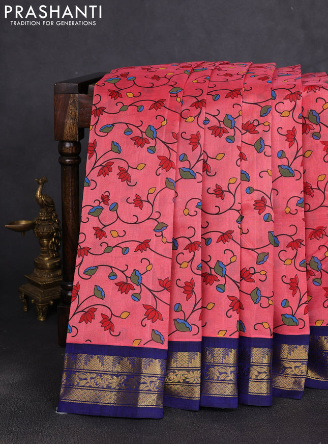 Silk cotton saree peach pink and navy blue with allover kalamkari prints and korvai zari woven border