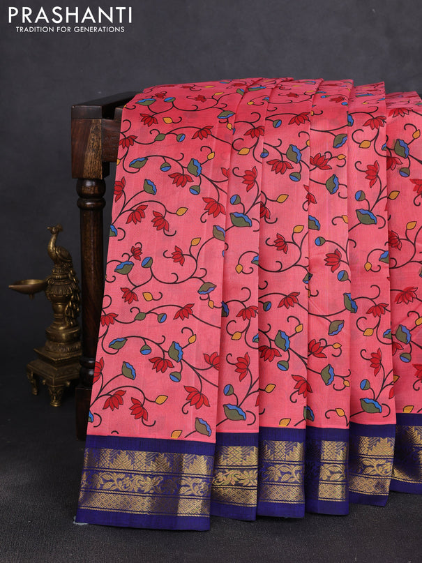Silk cotton saree peach pink and navy blue with allover kalamkari prints and korvai zari woven border