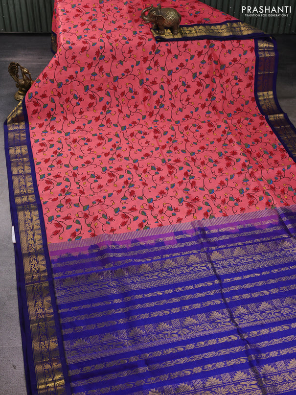 Silk cotton saree peach pink and navy blue with allover kalamkari prints and korvai zari woven border
