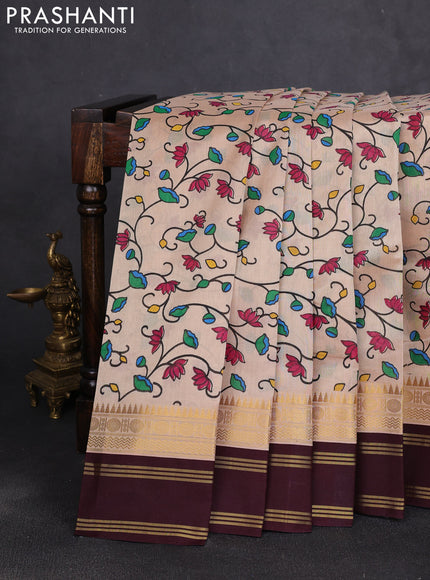 Silk cotton saree beige and coffee brown with allover kalamkari prints and korvai zari woven border