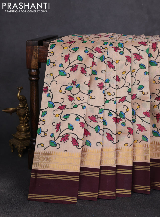 Silk cotton saree beige and coffee brown with allover kalamkari prints and korvai zari woven border