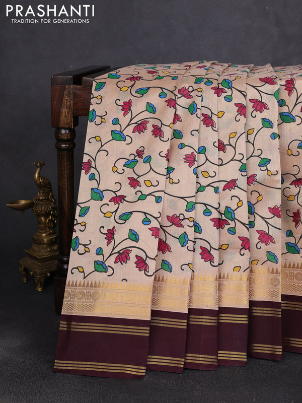 Silk cotton saree beige and coffee brown with allover kalamkari prints and korvai zari woven border