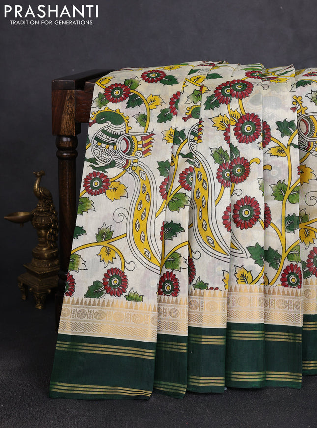 Silk cotton saree cream and bottle green with allover kalamkari prints and korvai zari woven border