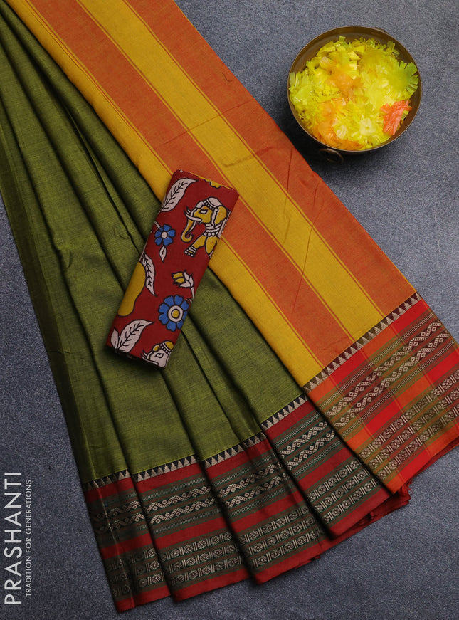 Narayanpet cotton saree light green and maroon with plain body and thread woven border