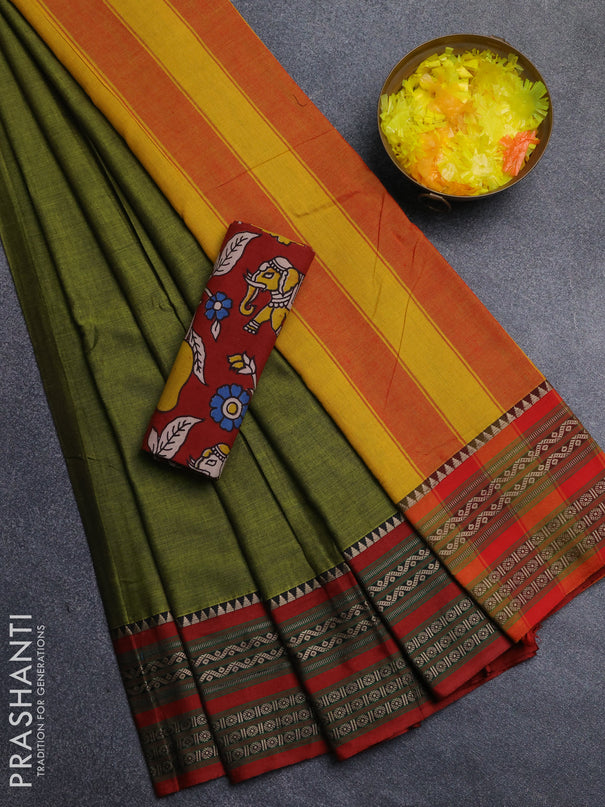 Narayanpet cotton saree light green and maroon with plain body and thread woven border