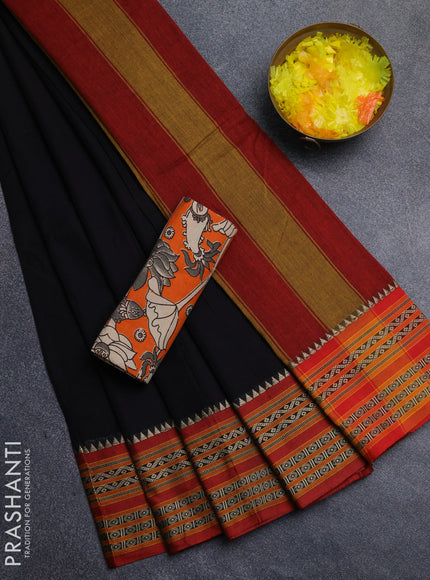 Narayanpet cotton saree black and orange with plain body and thread woven border