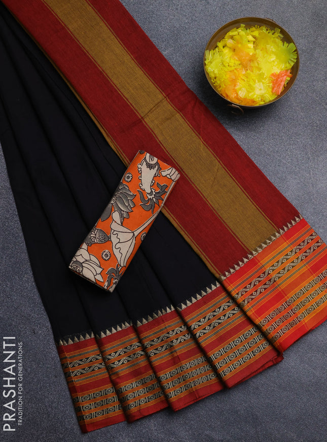 Narayanpet cotton saree black and orange with plain body and thread woven border
