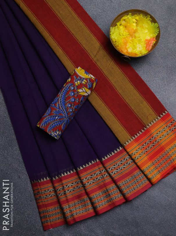 Narayanpet cotton saree violet and maroon with plain body and thread woven border