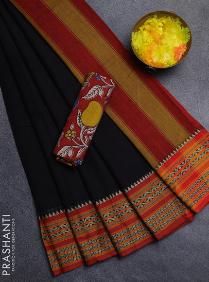 Narayanpet cotton saree black and maroon with plain body and thread woven border