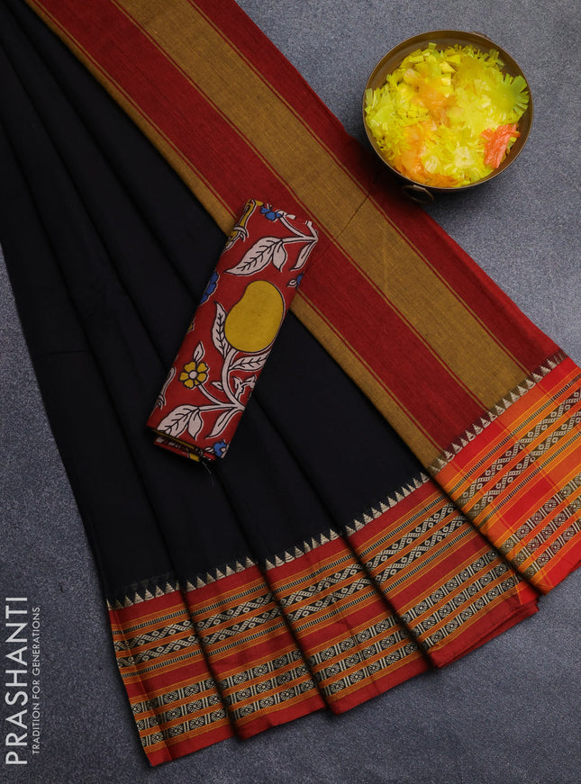 Narayanpet cotton saree black and maroon with plain body and thread woven border