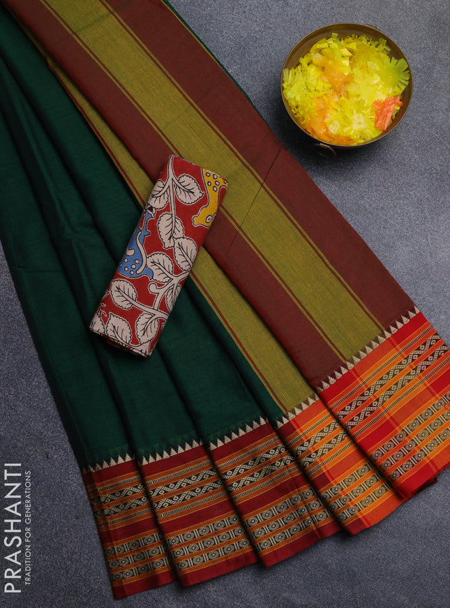 Narayanpet cotton saree bottle green and maroon with plain body and thread woven border