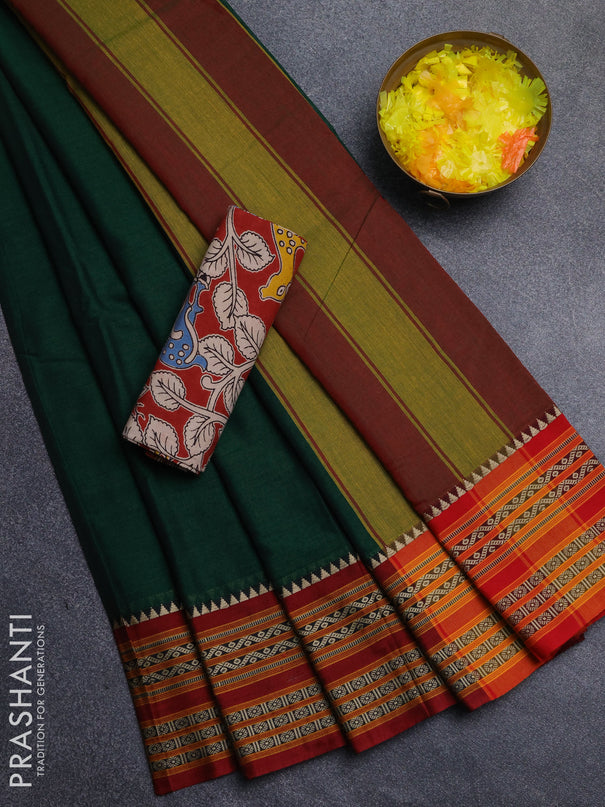 Narayanpet cotton saree bottle green and maroon with plain body and thread woven border