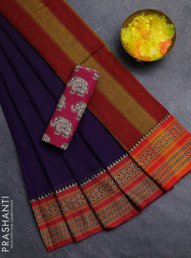 Narayanpet cotton saree violet and pink with plain body and thread woven border