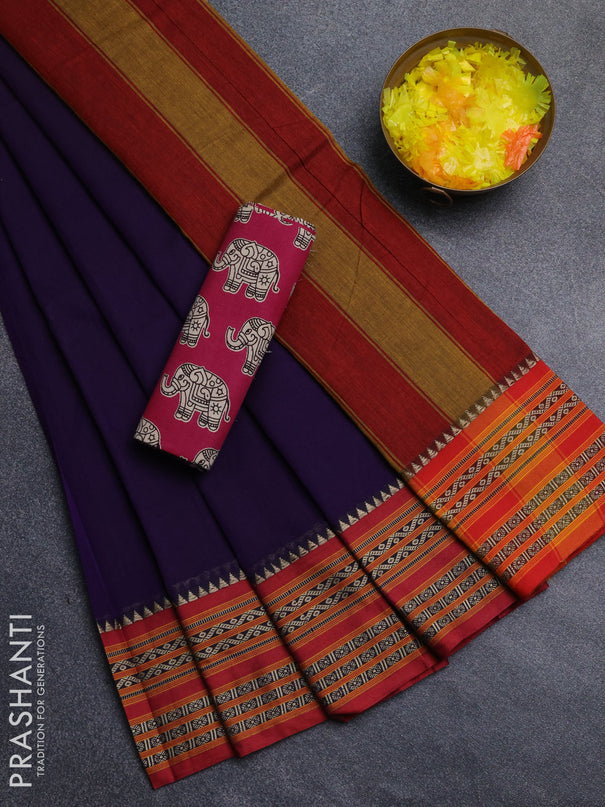 Narayanpet cotton saree violet and pink with plain body and thread woven border