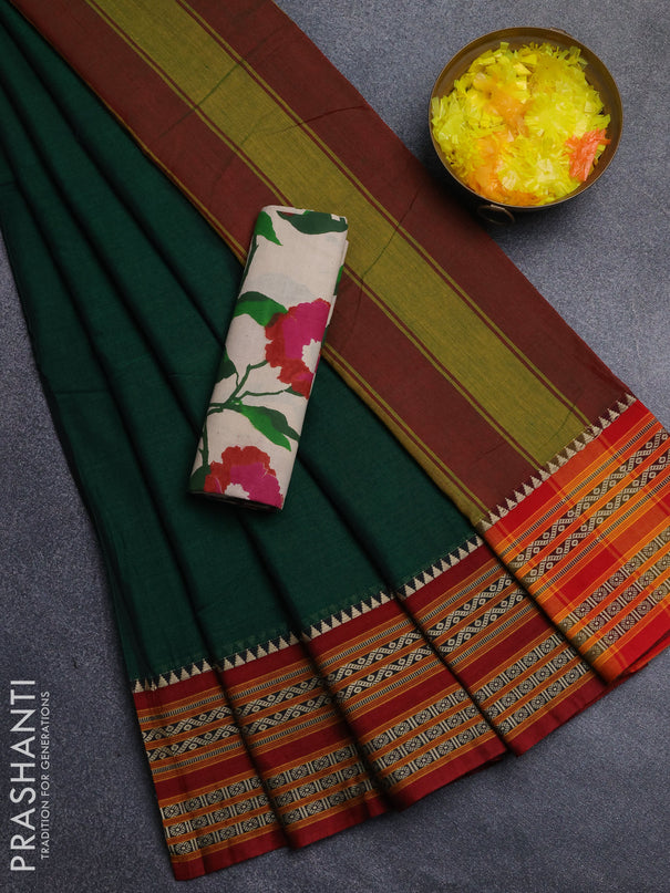 Narayanpet cotton saree bottle green and off white with plain body and thread woven border
