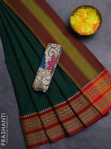 Narayanpet cotton saree bottle green and offwhite with plain body and thread woven border