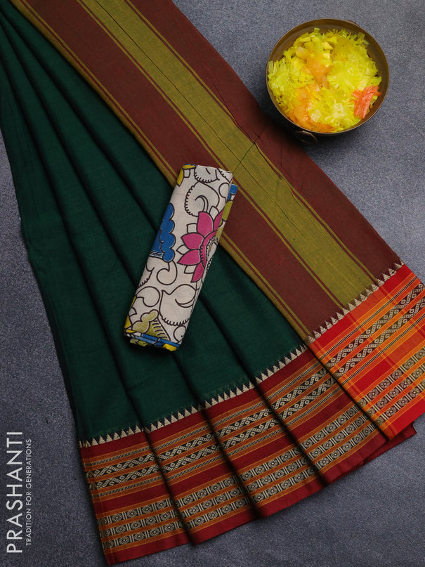 Narayanpet cotton saree bottle green and offwhite with plain body and thread woven border
