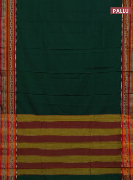 Narayanpet cotton saree bottle green and offwhite with plain body and thread woven border