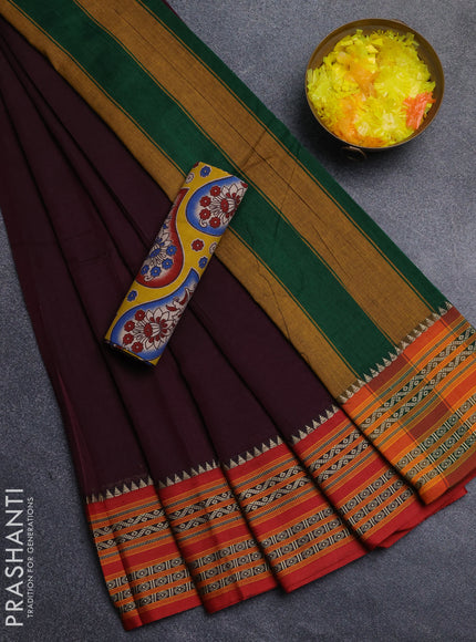 Narayanpet cotton saree deep wine and mustard yellow with plain body and thread woven border
