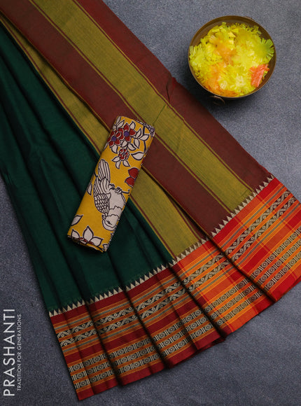 Narayanpet cotton saree bottle green and mustard yellow with plain body and thread woven border