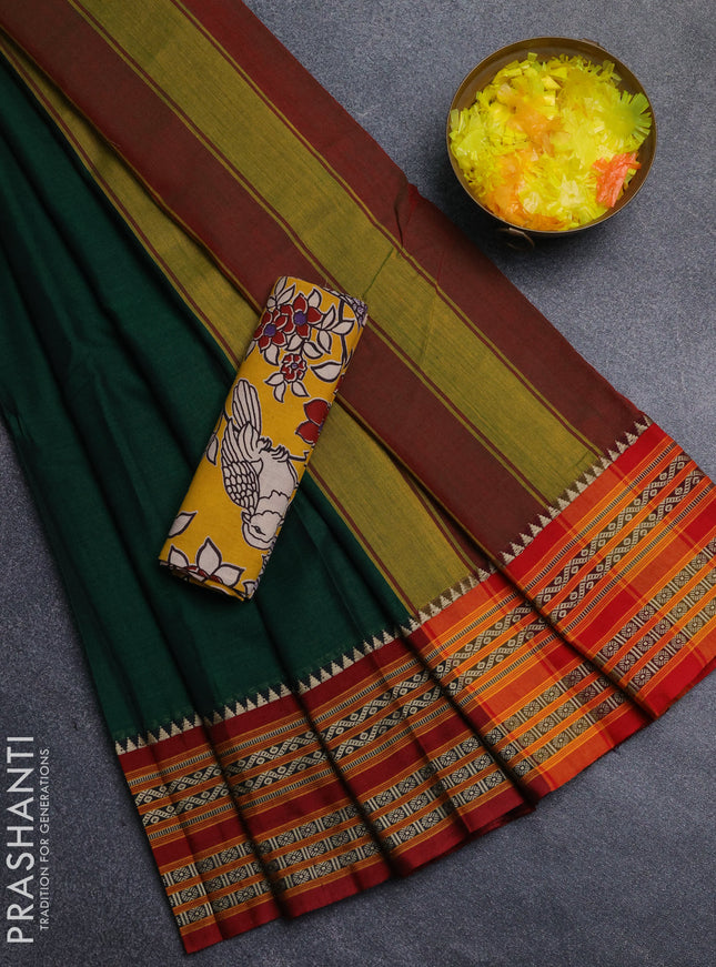 Narayanpet cotton saree bottle green and mustard yellow with plain body and thread woven border