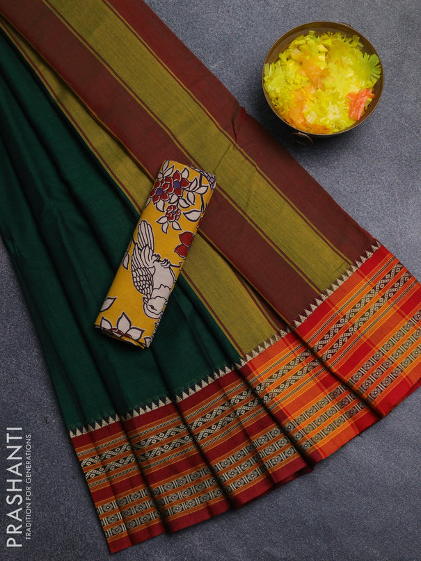 Narayanpet cotton saree bottle green and mustard yellow with plain body and thread woven border