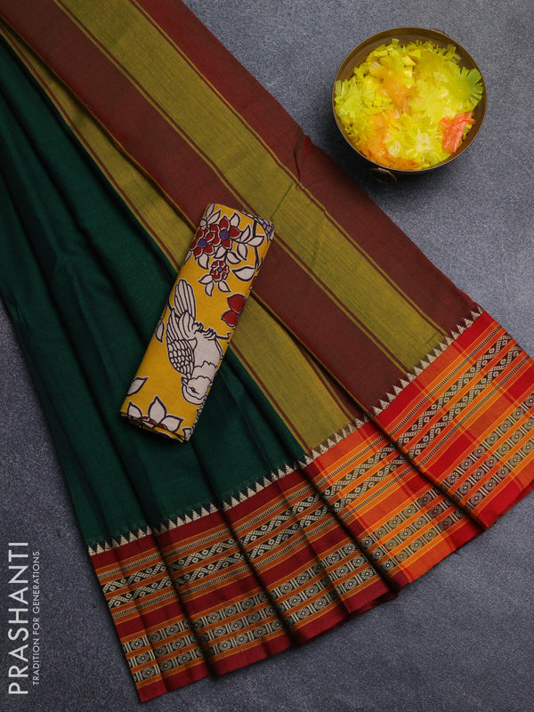 Narayanpet cotton saree bottle green and mustard yellow with plain body and thread woven border
