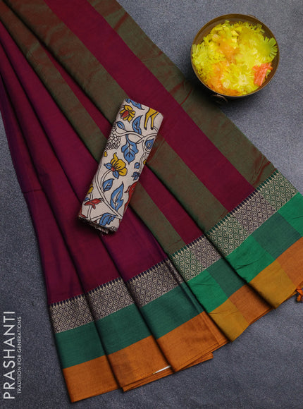 Narayanpet cotton saree magenta pink and off white with plain body and thread woven simple border