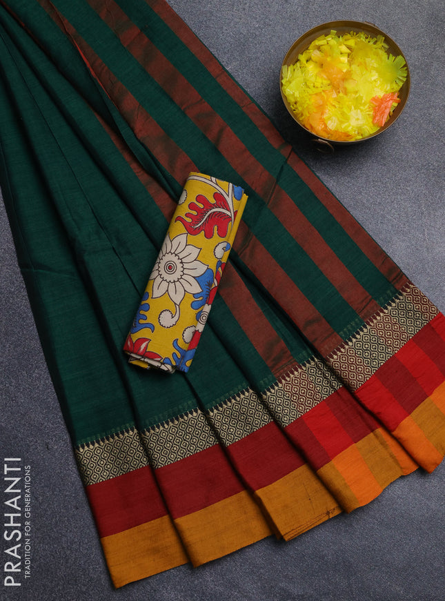 Narayanpet cotton saree bottle green and yellow with plain body and thread woven simple border