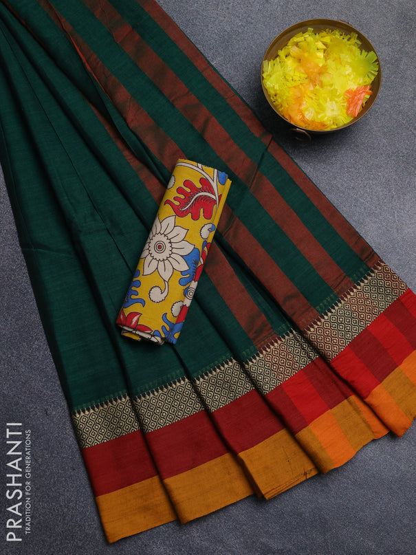 Narayanpet cotton saree bottle green and yellow with plain body and thread woven simple border