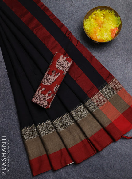 Narayanpet cotton saree black and maroon with plain body and thread woven simple border